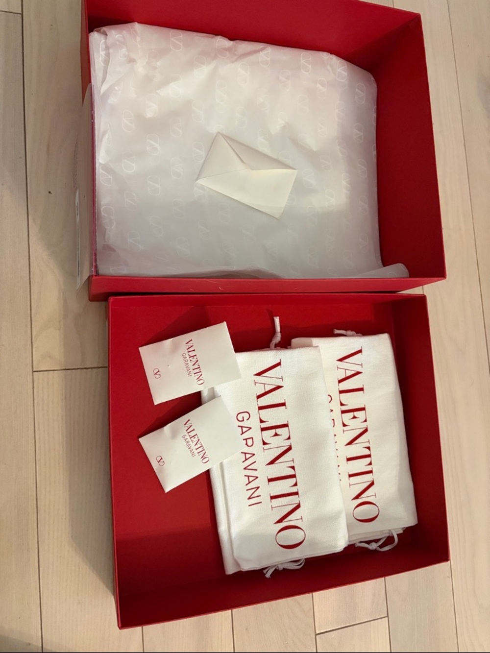Valentino Red Embossed Logo empty shoe box with 2 dust bag & accessories